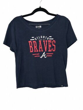 New Era Atlanta Braves Graphic Crop T-Shirt Women's XL Navy Blue MLB 100% Cotton